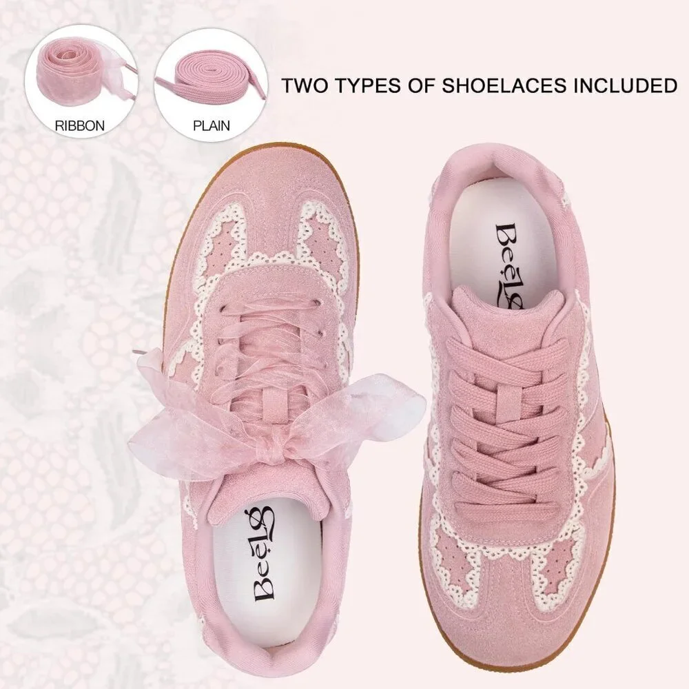 Casual Pink Sneakers Women with Lace Detail Ribbon Leather Upper Memory Foam